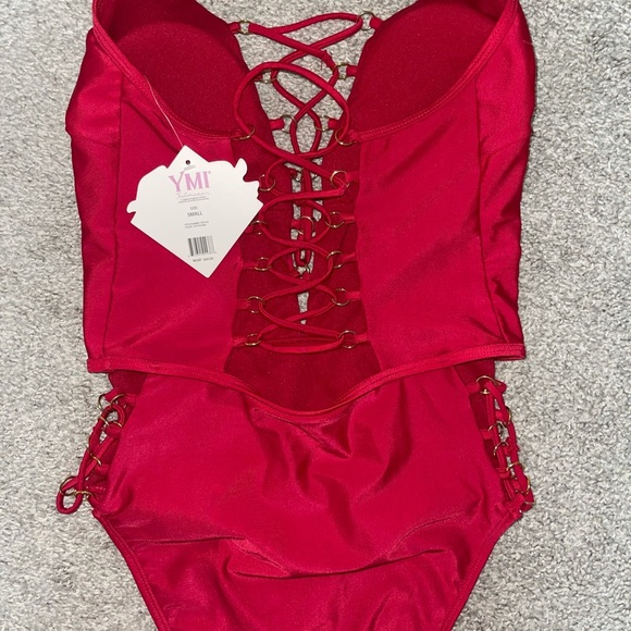 YMI Swimwear Lipstick Red Lace-up Halter One-Piece - Picture 6 of 6